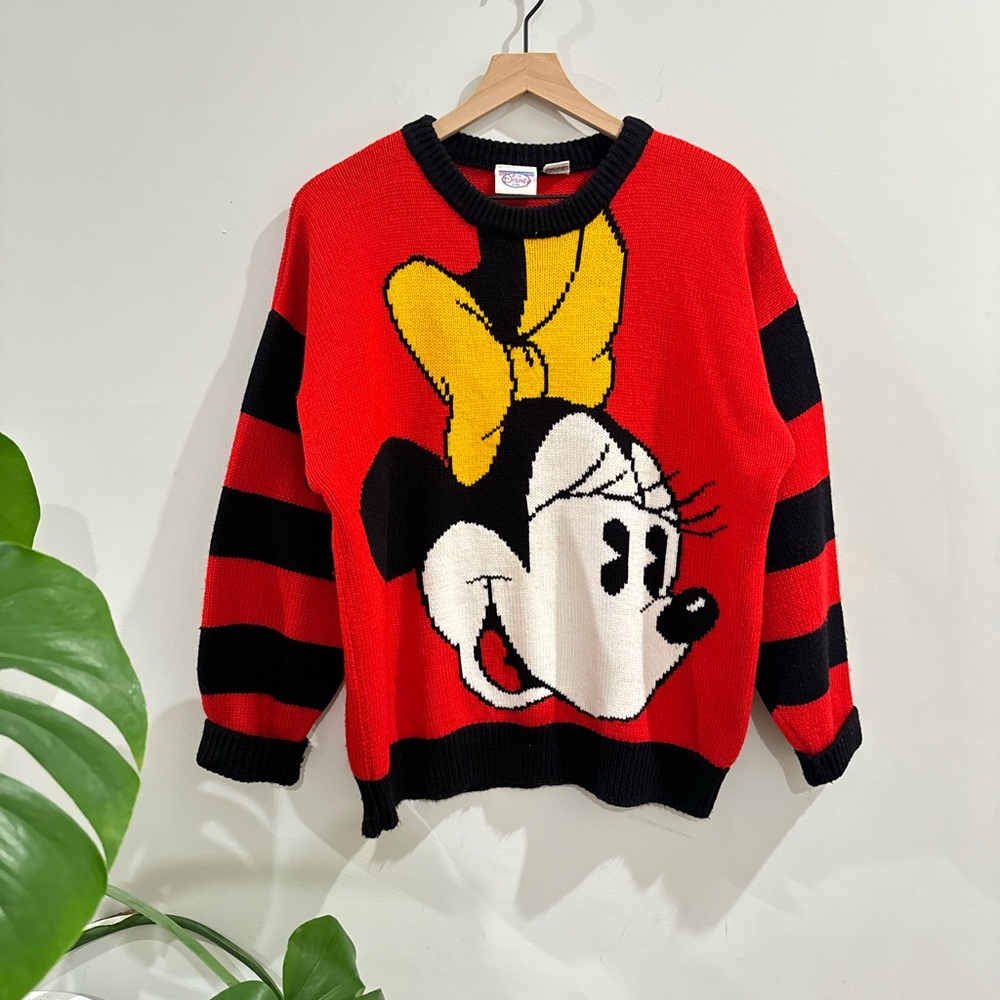 VINTAGE 1980 DISNEY STORE RED MINNIE MOUSE RED AND BLACK SWEATER SIZE XL